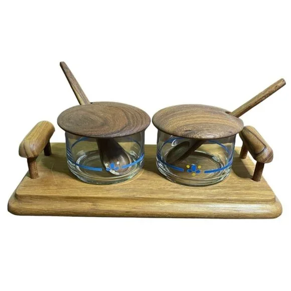 Vintage Teak Wood & Glass Condiment Set With Tray Lids & Spoons by Goodwood - Picture 1 of 10